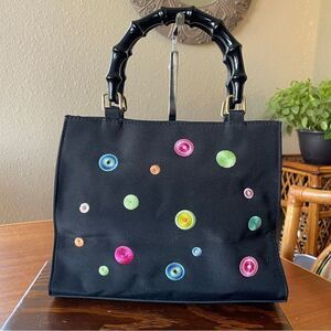Tianni Retro Mod Handbag Purse Black With Multicolored Embroidered Dots